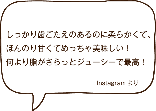 しっかり歯ごたえのあるのに柔らかくて、ほんのり甘くてめっちゃ美味しい！何より脂がさらっとジューシーで最高！Instagramより