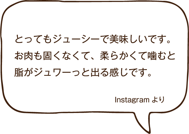 とってもジューシーで美味しいです。お肉も固くなくて、柔らかくて噛むと脂がジュワーっと出る感じです。Instagramより