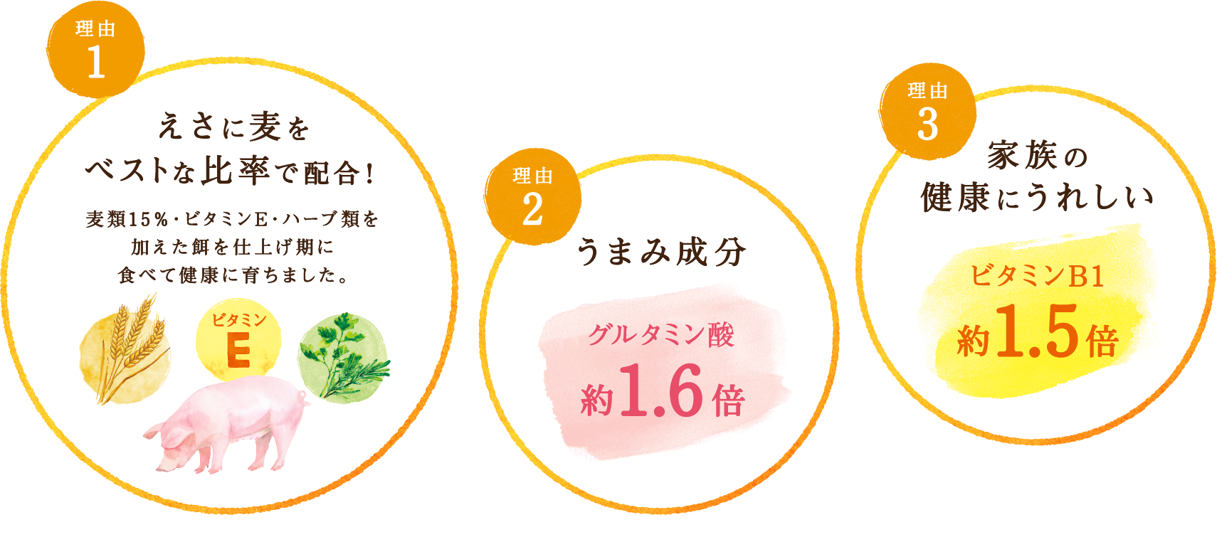 理由1 えさに麦をベストな比率で配合！麦類15％・ビタミンＥ・ハーブ類を加えた餌を仕上げ期に食べて健康に育ちました。理由2 うまみ成分 グルタミン酸約1.6倍理由3 家族の健康にうれしい ビタミンB1約1.5倍