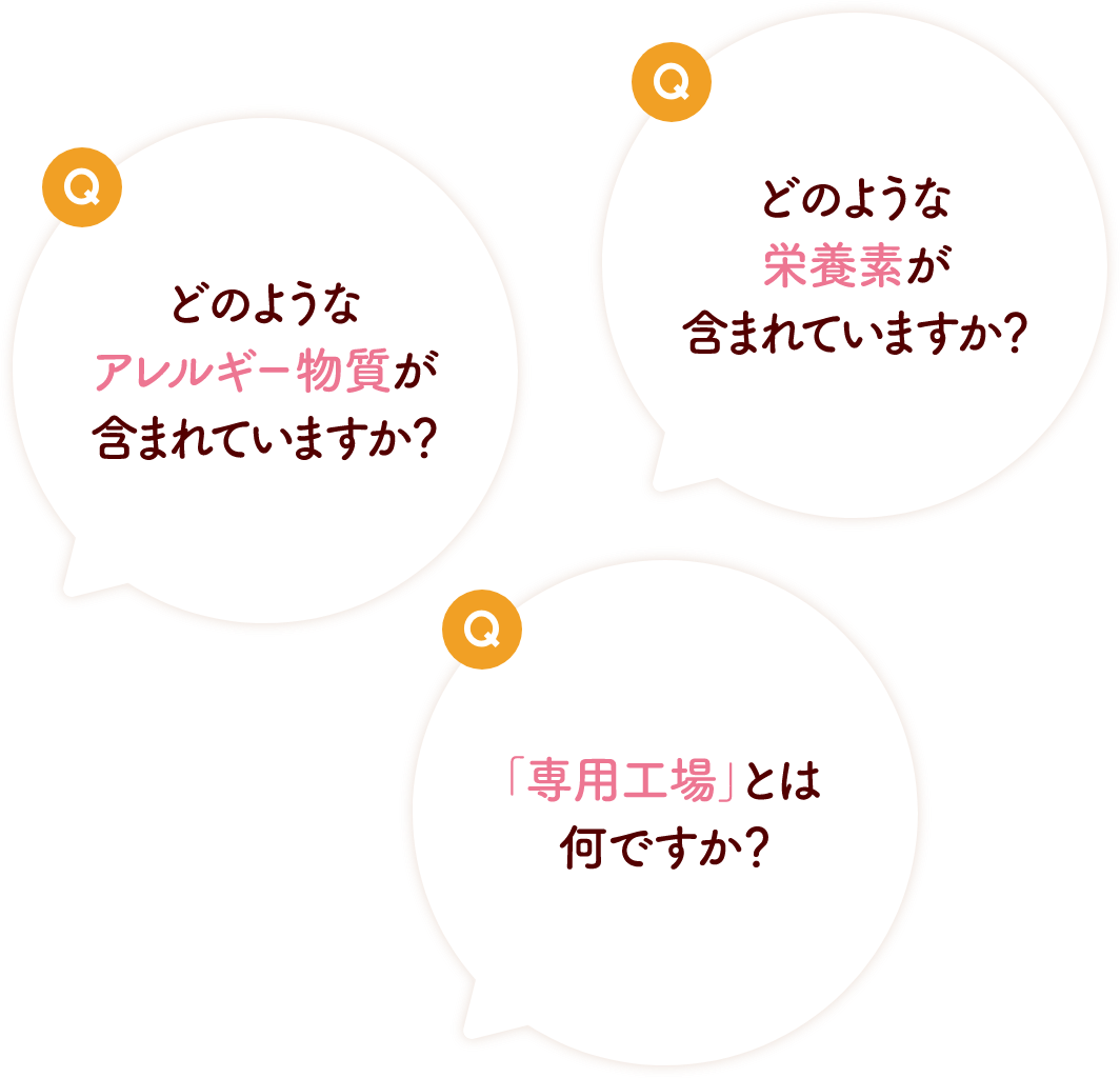 Q.どのようなアレルギー物質が含まれていますか？ Q.どのような栄養素が含まれていますか？ Q.「専用工場」とは何ですか？